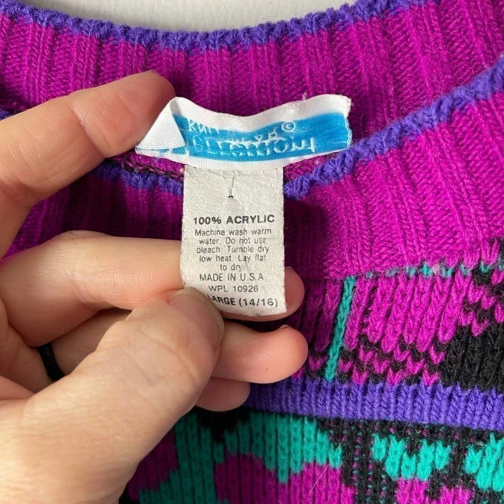 Vintage Girl's Purple Teal Schnauzer Dog Acrylic Pullover Sweater Size 14/16